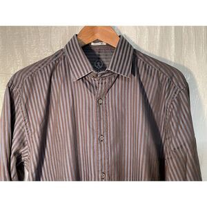 Bugatchi Uomo Shaped Fit Blue‎ Brown Striped Long Sleeve Shirt Large